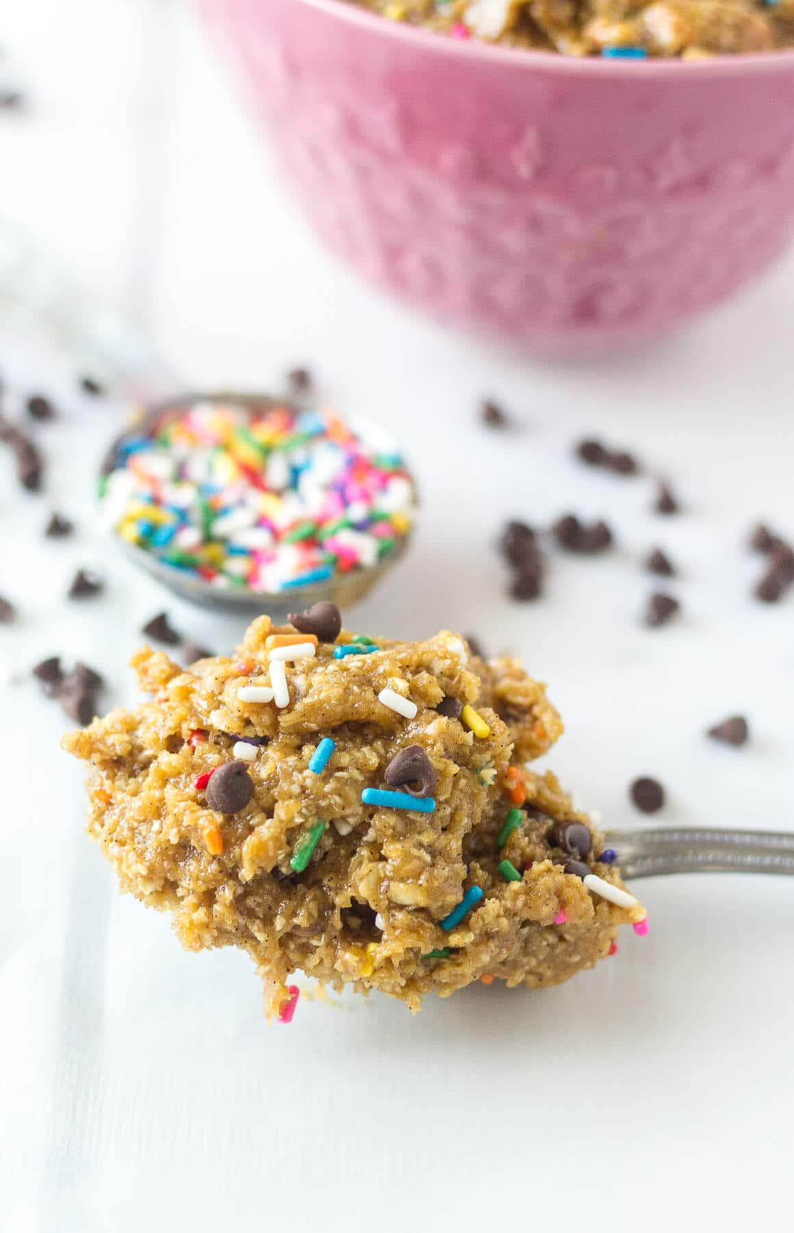 This healthy funfetti protein cookie dough is an easy snack recipe to fuel you up and keep you full. This healthy recipe is made with raw, natural ingredients and filled with flavor and protein.