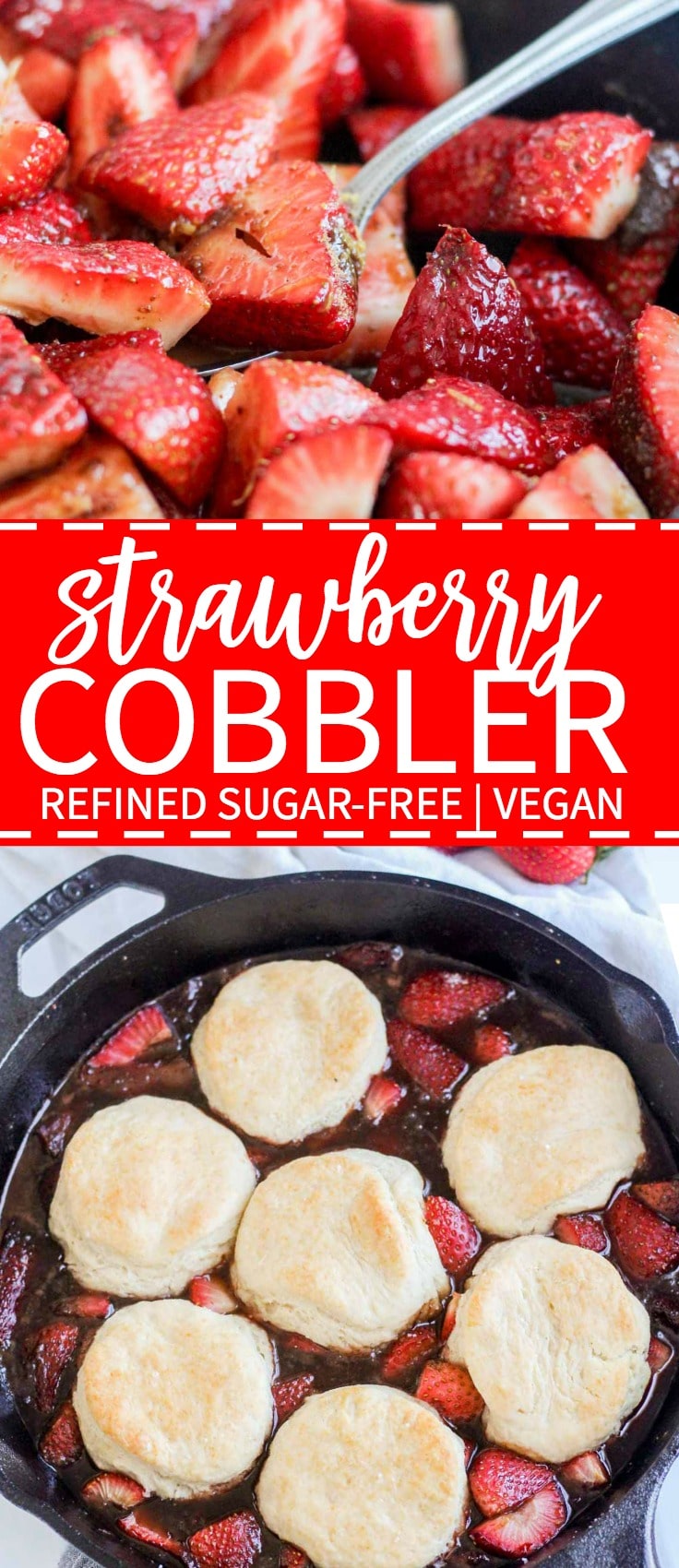 This roasted strawberry cobbler is the perfect healthy summer dessert. It's fresh and sweet and so easy to make. Not to mention it's vegan and refined sugar free.