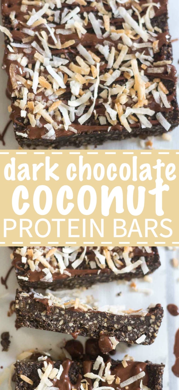 These dark chocolate protein bars are so easy to make in your blender or food processor and they're filled with raw and healthy ingredients. These gluten free protein bars are made with cashews, dark chocolate and filled with protein and coconut.