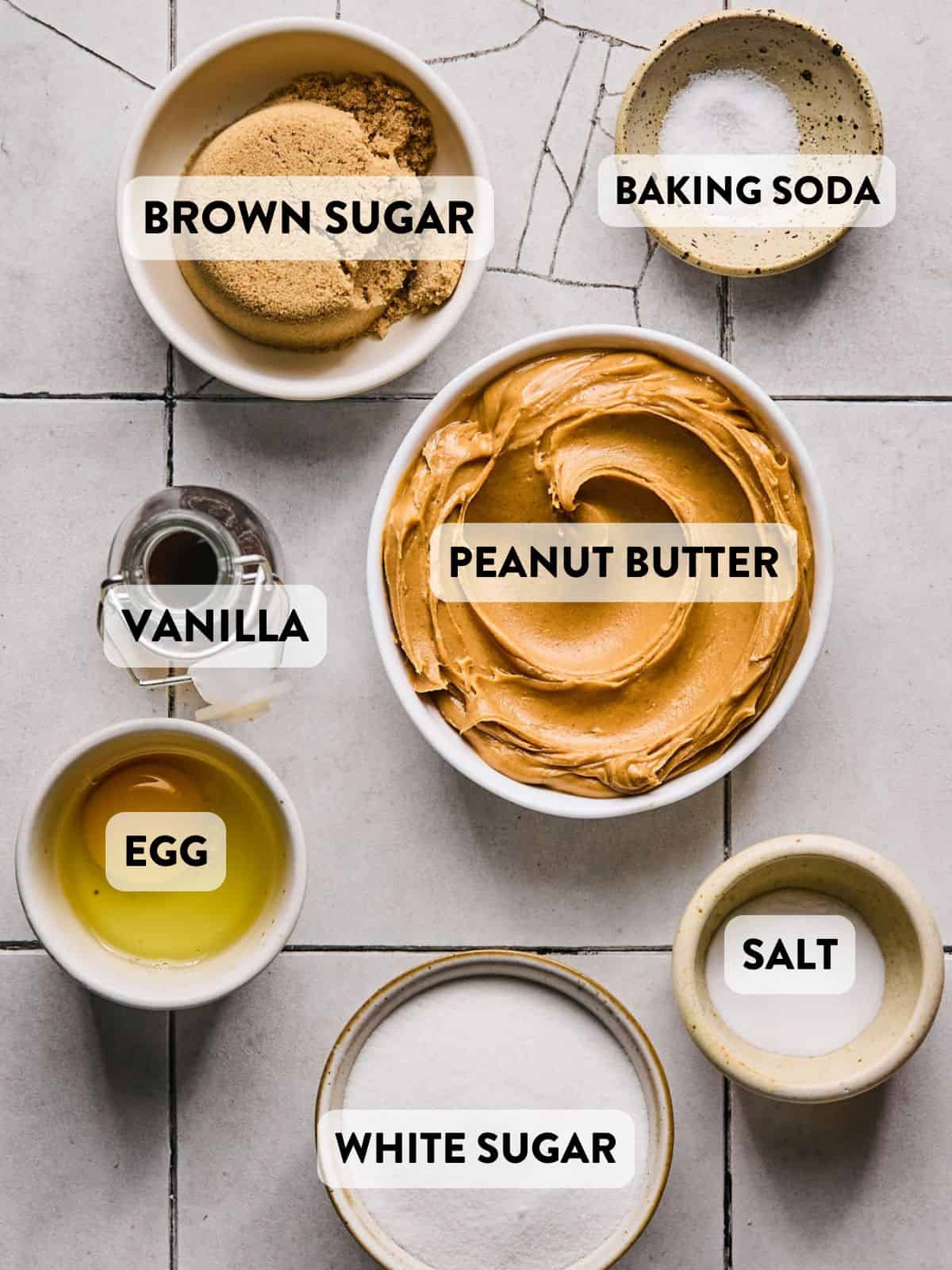 ingredients for flourless peanut butter cookies on a counter.