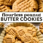 a broken flourless peanut butter cookie and then a plate of flour peanut butter cookies.