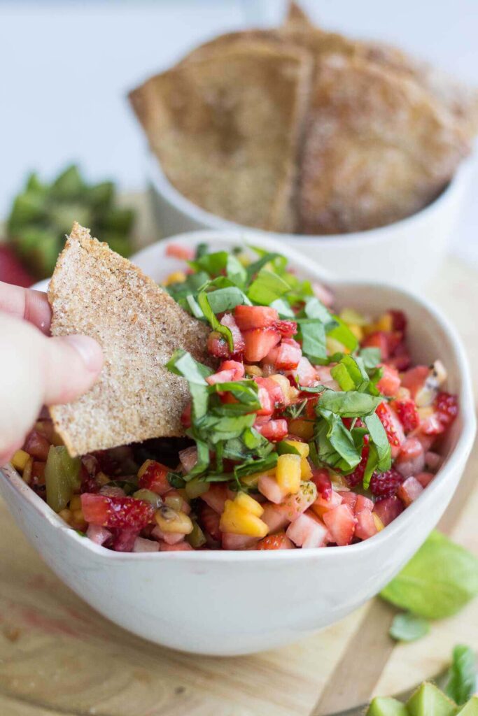 Healthy Fruit Salsa with Cinnamon Sugar Pita Chips What Molly Made