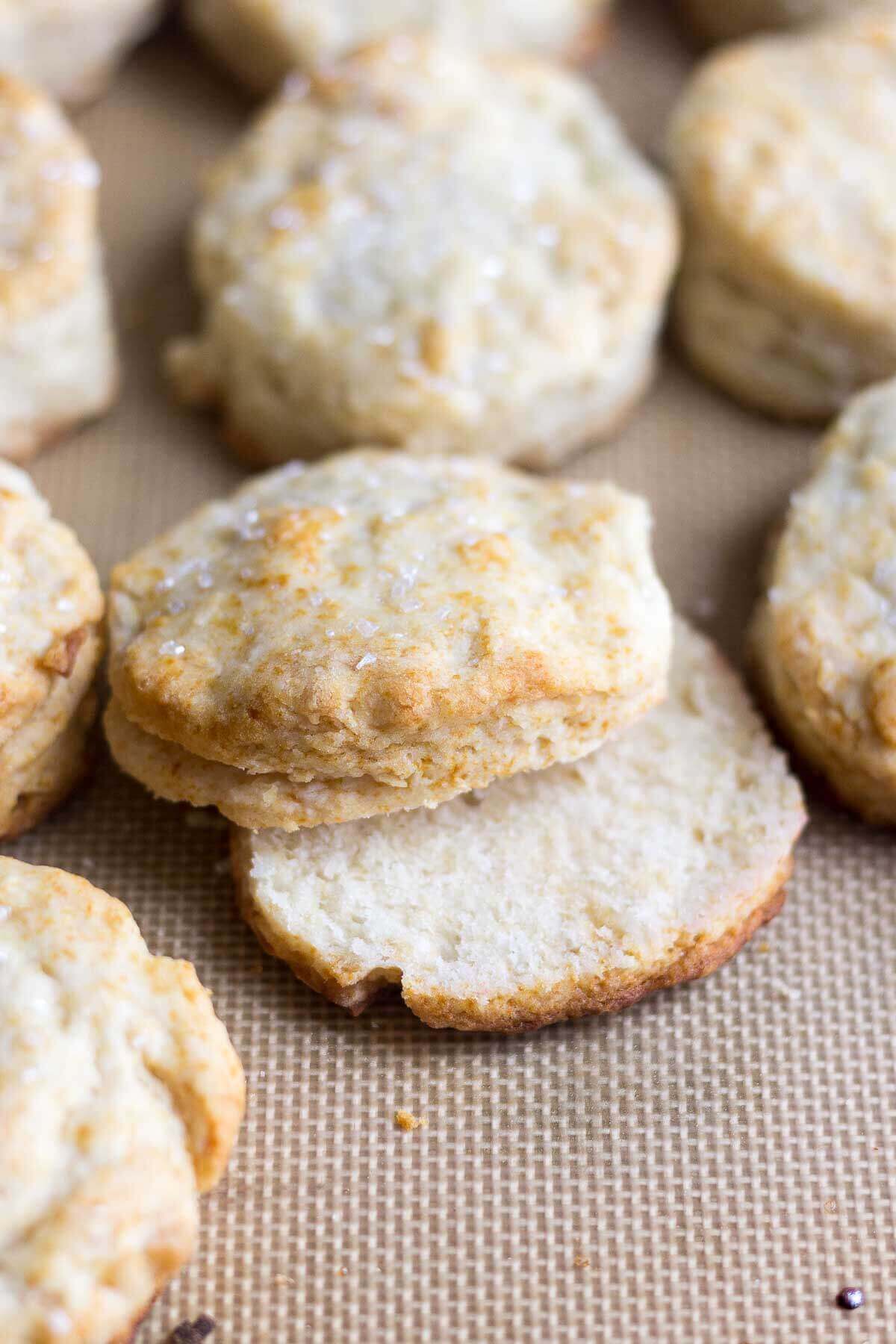 Healthy strawberry shortcake pieces of shortcake bread resting on a baking sheet