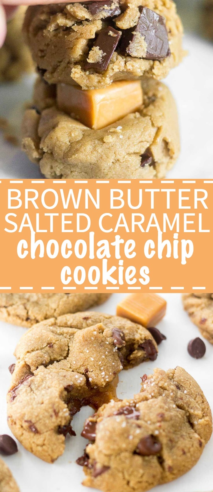 Brown Butter Salted Caramel Chocolate Chip Cookies are a mouthful of flavor! With a soft and chewy texture, chocolate chips and chocolate chunks, plus a gooey caramel filling, this chocolate chip cookie recipe will satisfy all cookie lovers.