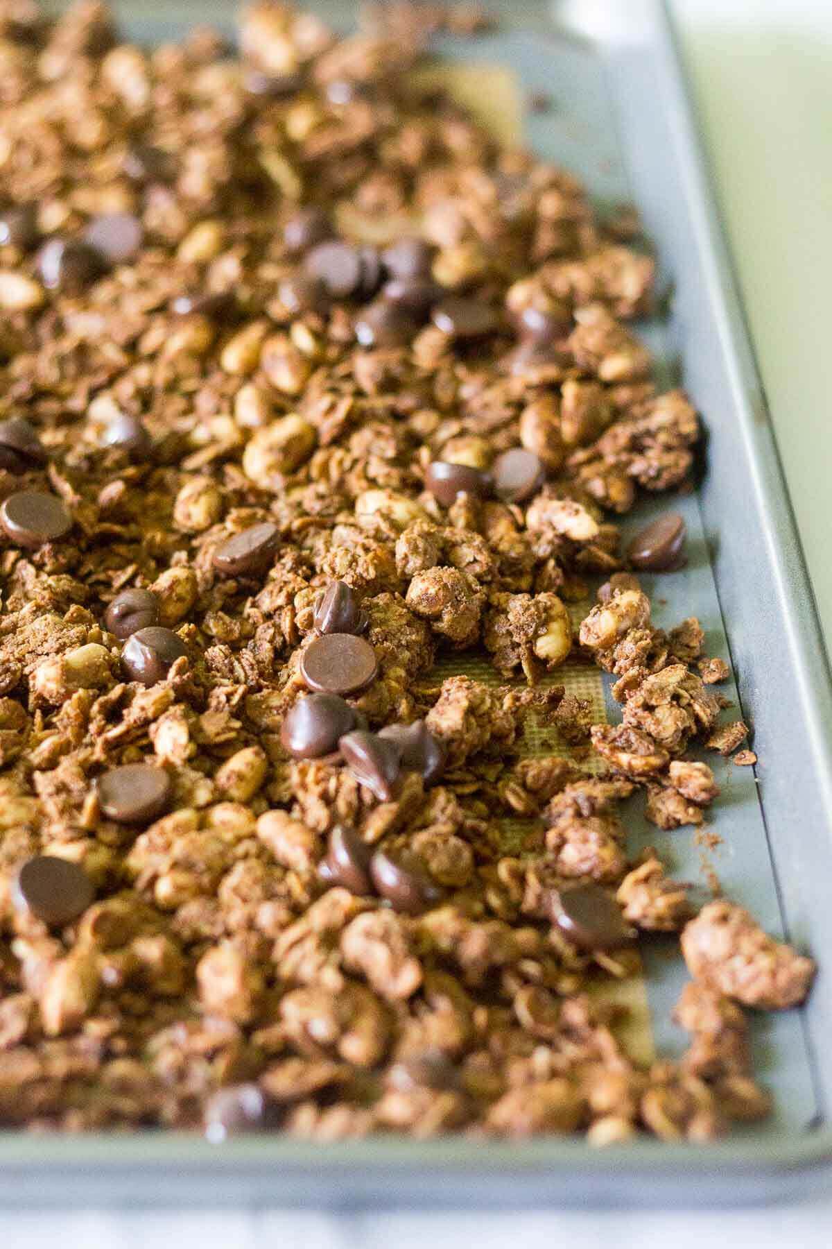 This Chocolate Peanut Butter Protein Granola is crunchy, flavorful and packed with healthy ingredients. It's a delicious way to start the day! The perfect breakfast recipe or snack recipe, this easy granola comes together in minutes and tastes so good.