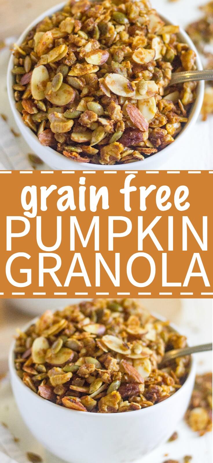 Grain free pumpkin granola is your next easy, gluten free and paleo breakfast for fall! Made with nuts, seeds, coconut and pumpkin spice, this healthy breakfast recipe will start your day with a crunch.