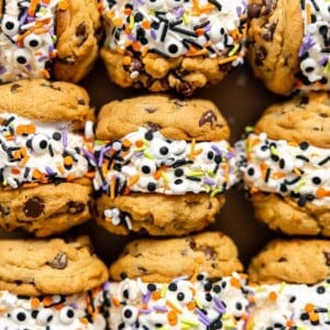 halloween ice cream sandwiches stacked on a serving tray.