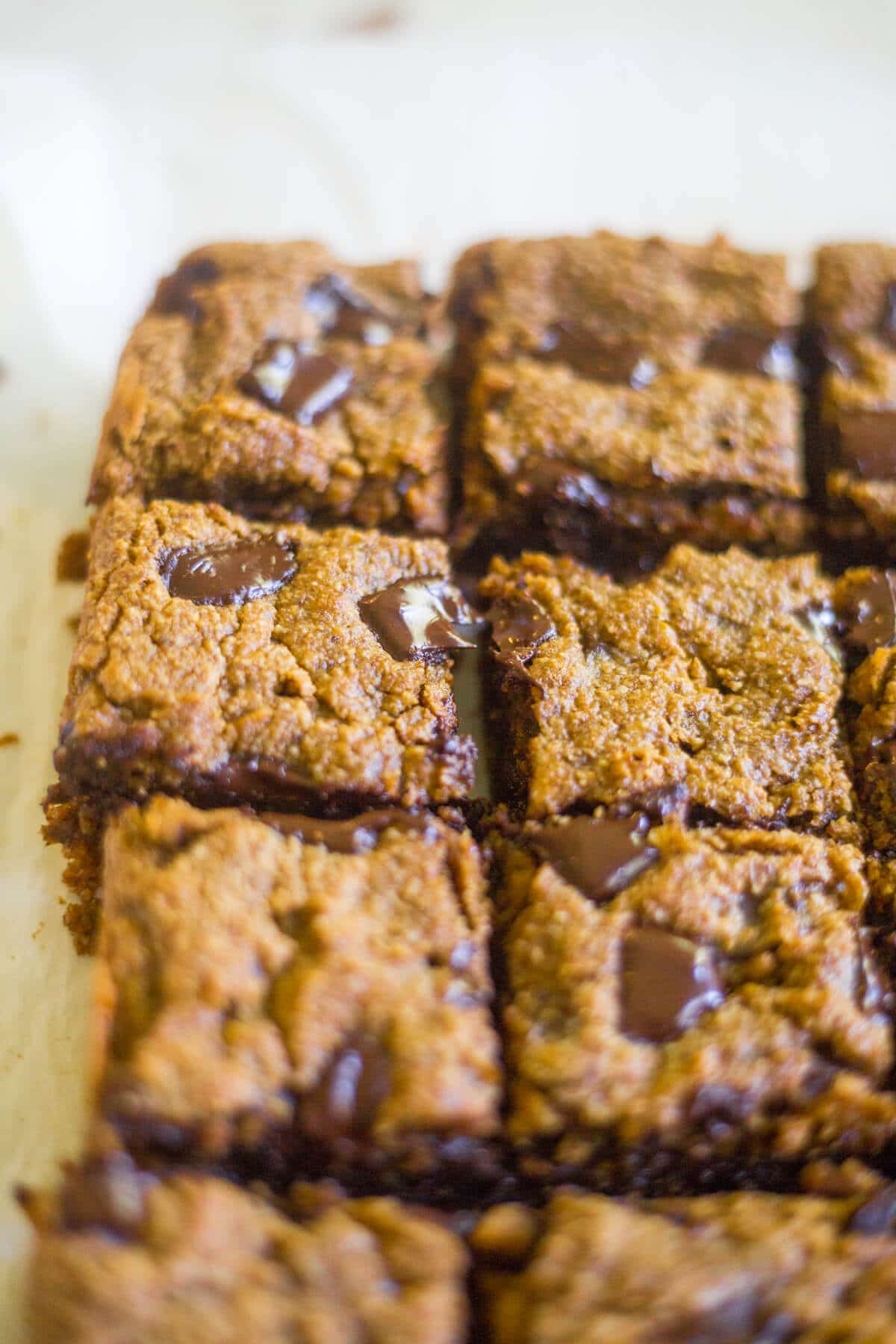 Paleo Pumpkin Chocolate Chunk Blondies are a healthier alternative to all your pumpkin desserts! These paleo blondies are thick and chewy and filled with pumpkin and extra large chocolate chunks.