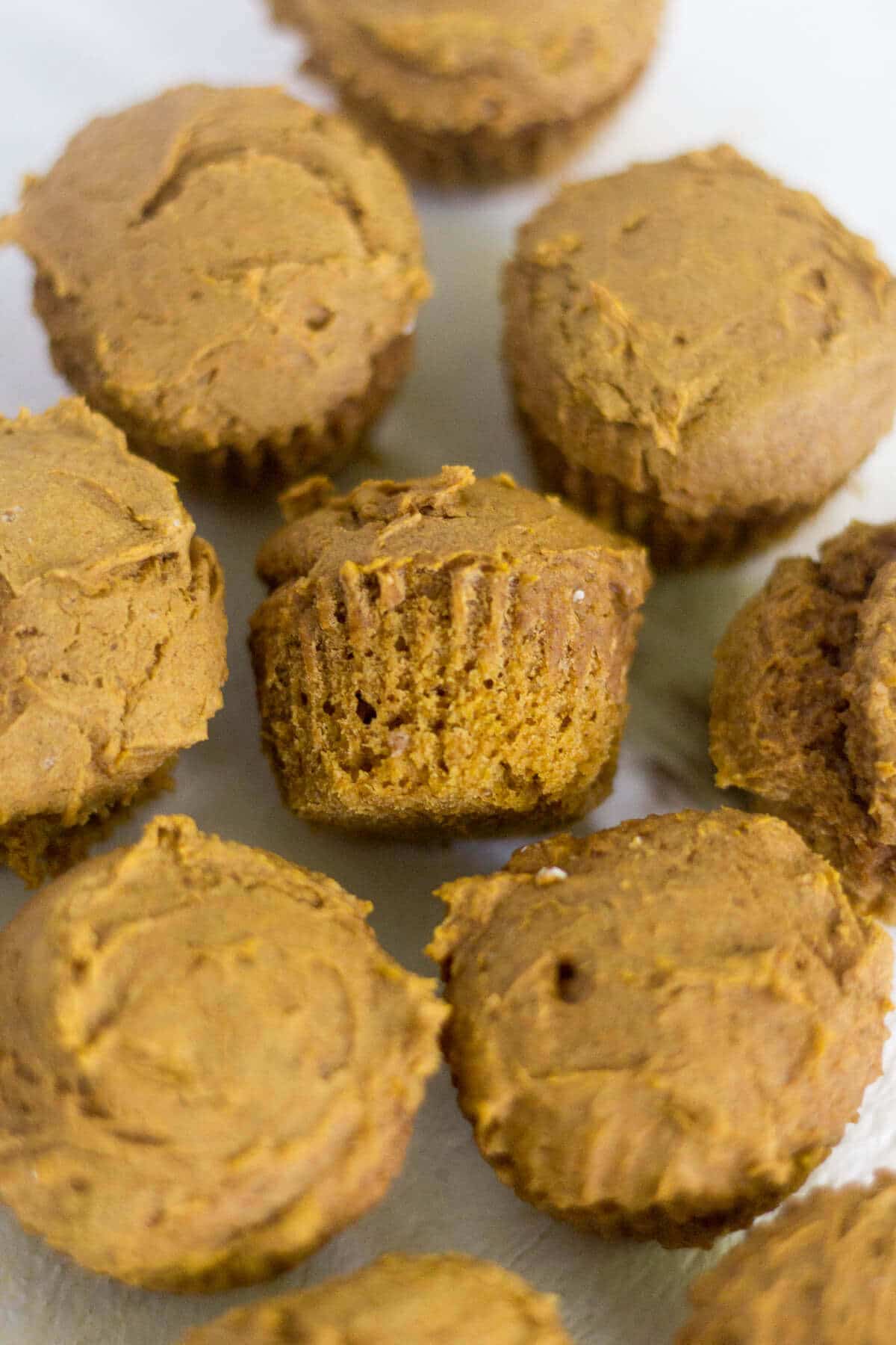 With only two ingredients, these mini pumpkin muffins are as easy as they come. Plus they're only 45 calories each! They're made without oil and eggs and they're so soft and filled with pumpkin spice flavor.