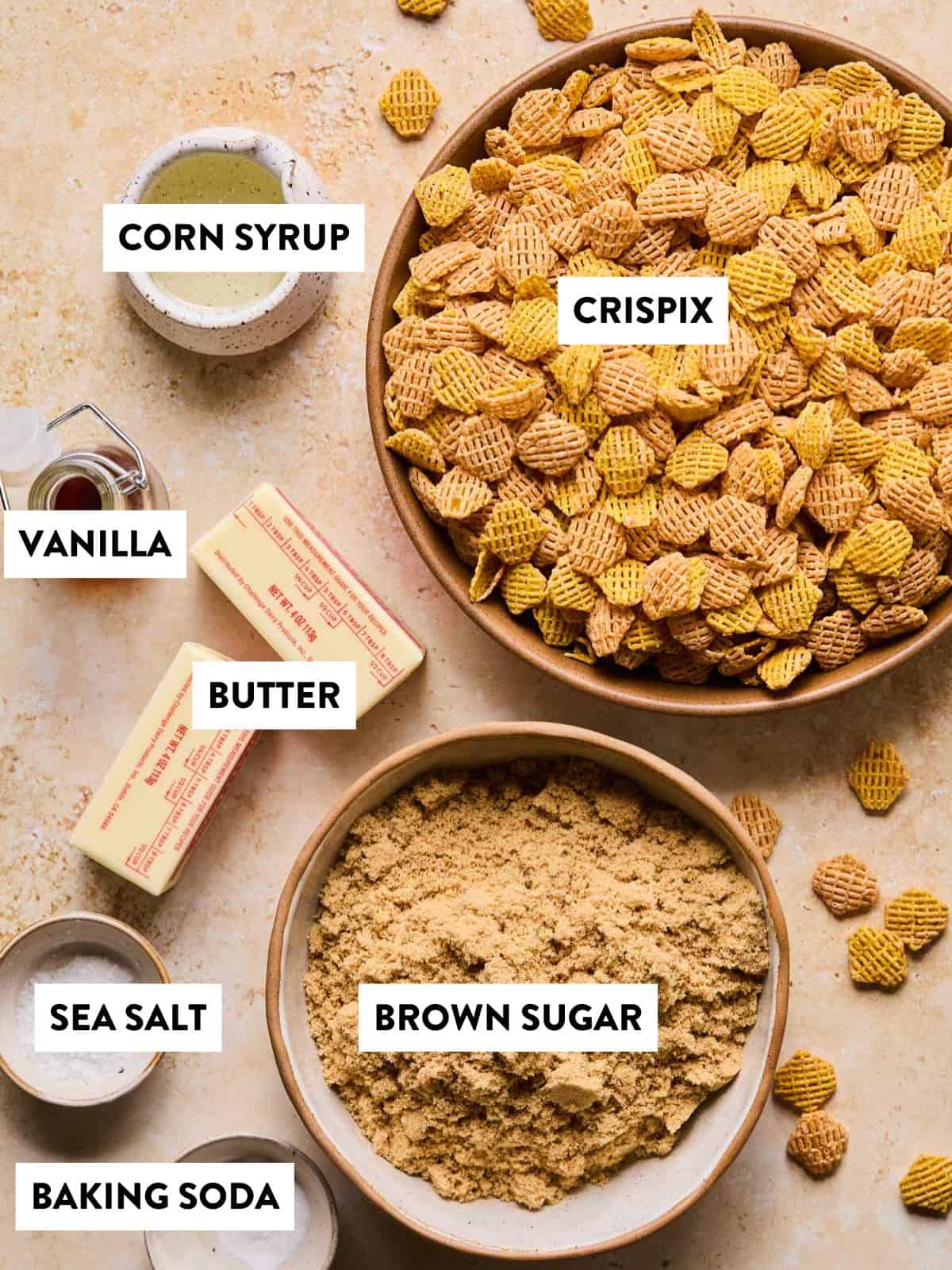 ingredients for crispix mix laid out on a counter