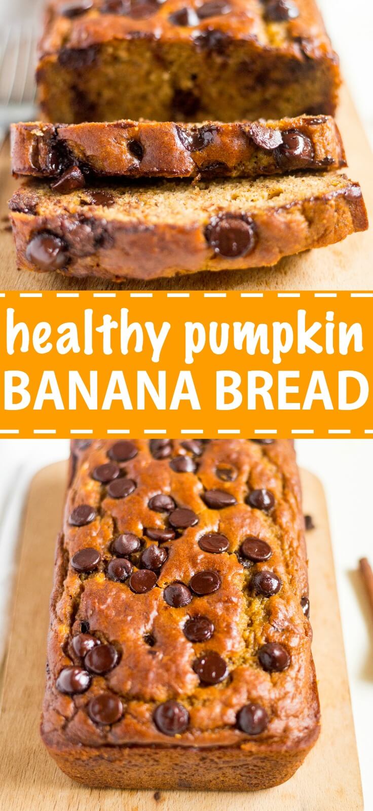 Healthy pumpkin banana bread is an easy and healthy recipe to make this fall! It's made with canned pumpkin, greek yogurt, coconut oil and optional chocolate chips for a healthy, but delicious pumpkin banana bread recipe.