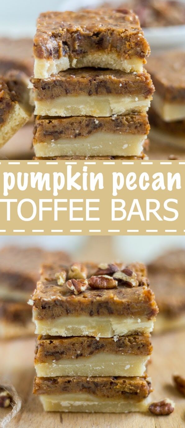 A thick and buttery shortbread crust topped with a pumpkin pecan toffee layer is a delicious fall treat. These pumpkin pecan toffee bars will be the thanksgiving dessert everyone will love! They're easy to make and freeze well to make ahead of time.