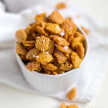 Seriously, this salted caramel crispix party mix is so addicting. You won't be able to take just one handful. This makes a big batch to share with friends and family, especially during the holidays.