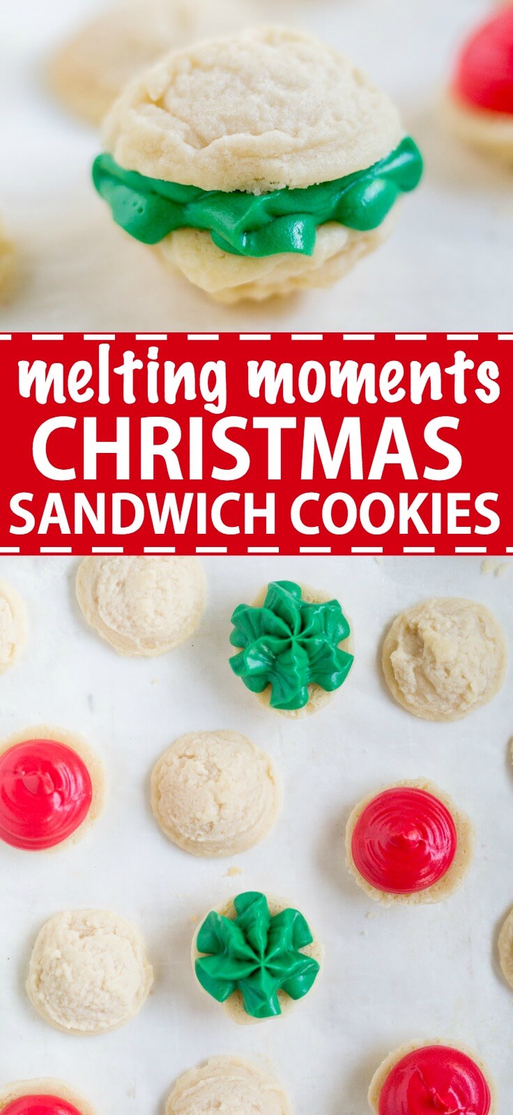 Melting moments sandwich cookies are a must-make Christmas cookie! They're tiny cookies sandwiched with a thick and creamy frosting dyed red and green. This festive cookie recipe will be a new family favorite.