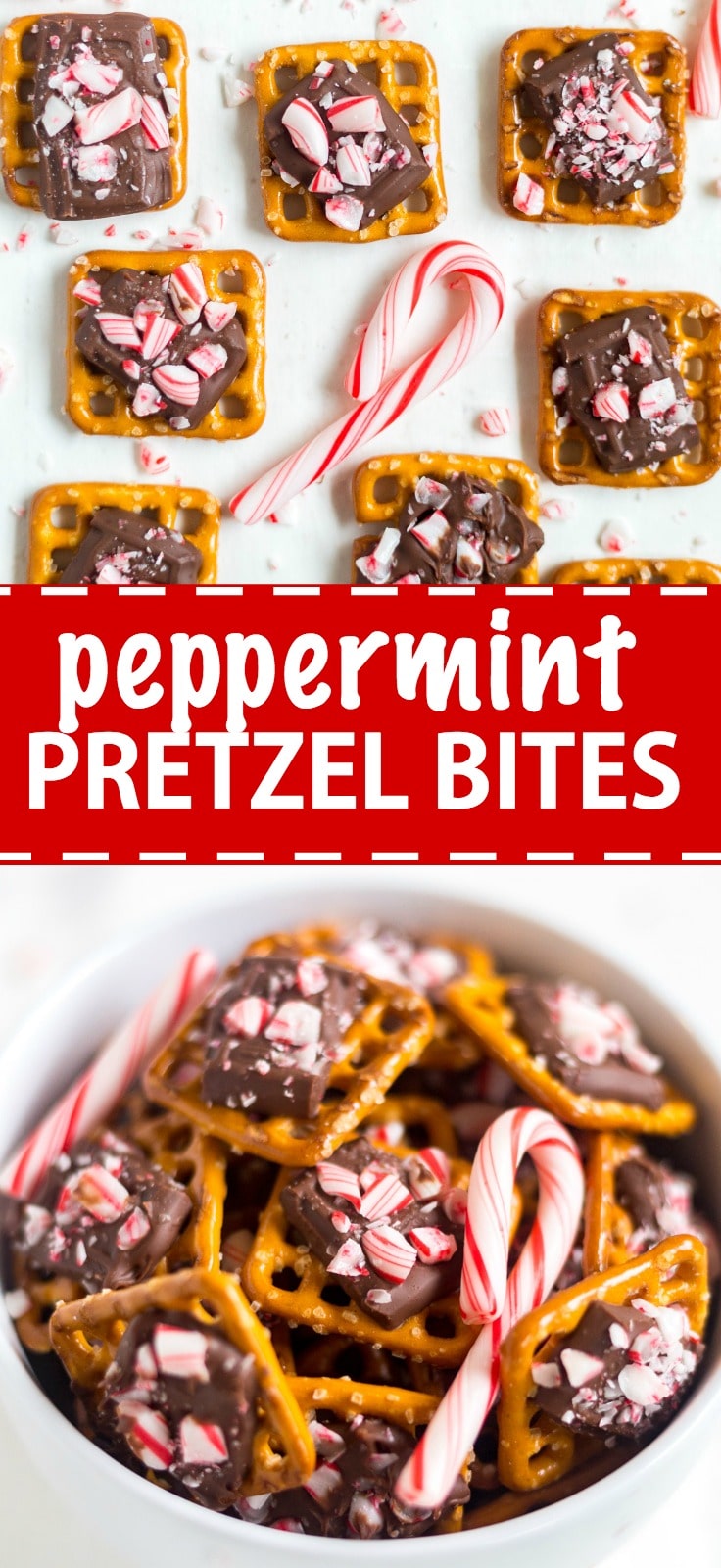 This peppermint pretzel bite recipe will be a huge hit! A pretzel, topped with milk chocolate and sprinkled with peppermint pieces, you can make these bite-sized holiday desserts in under 10 minutes!