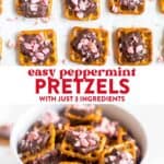 pretzel squares with Hershey squares and broken peppermint candy pieces on top and then a bowl of peppermint squares with Hershey's and broken peppermint pieces