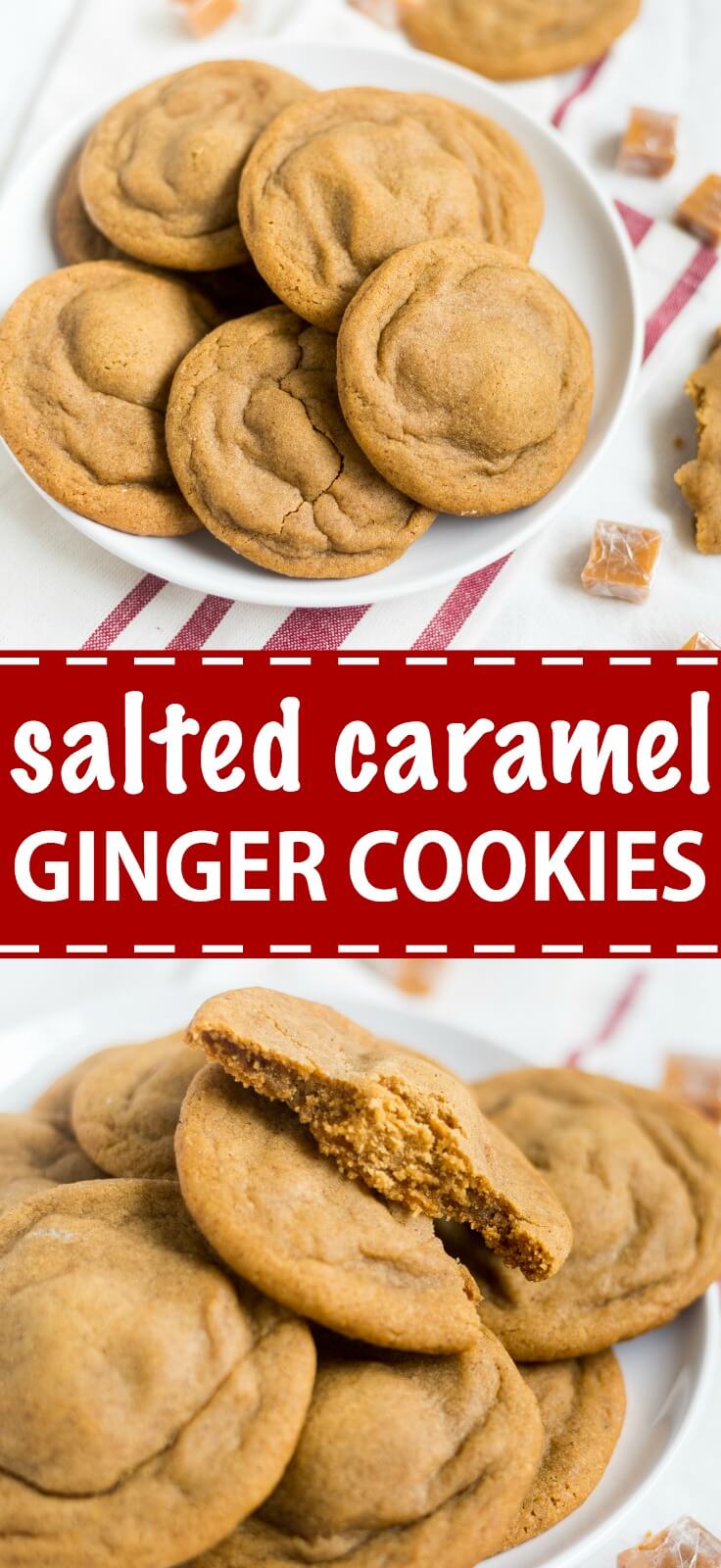 These soft and chewy ginger cookies are stuffed with a little salted caramel and baked to perfection. They're a great holiday recipe to add to your Christmas cookie collection.