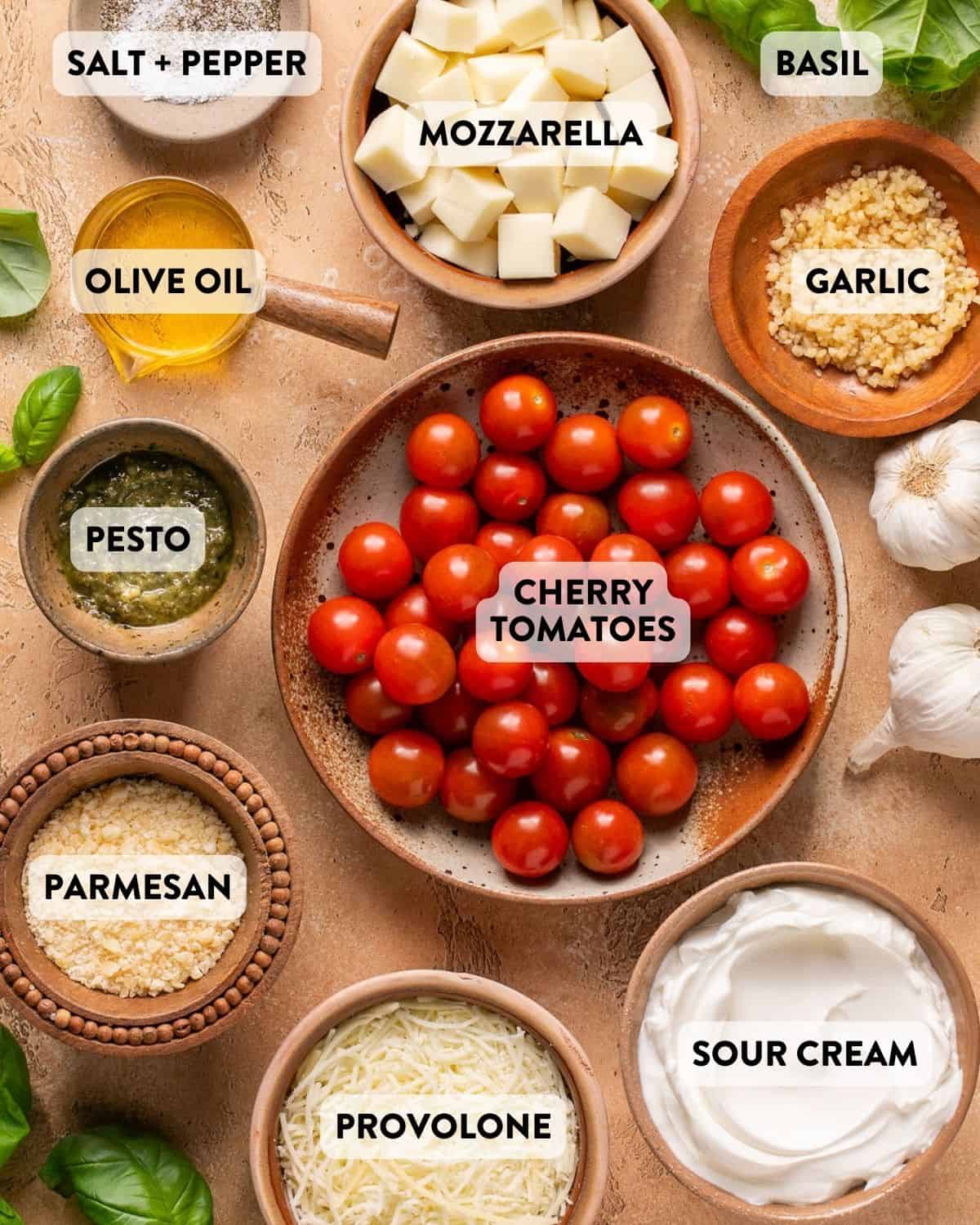 ingredients for caprese dip on a countertop