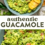 two images of guacamole in a bowl and then a homemade tortilla chip scooping up fresh guacamole