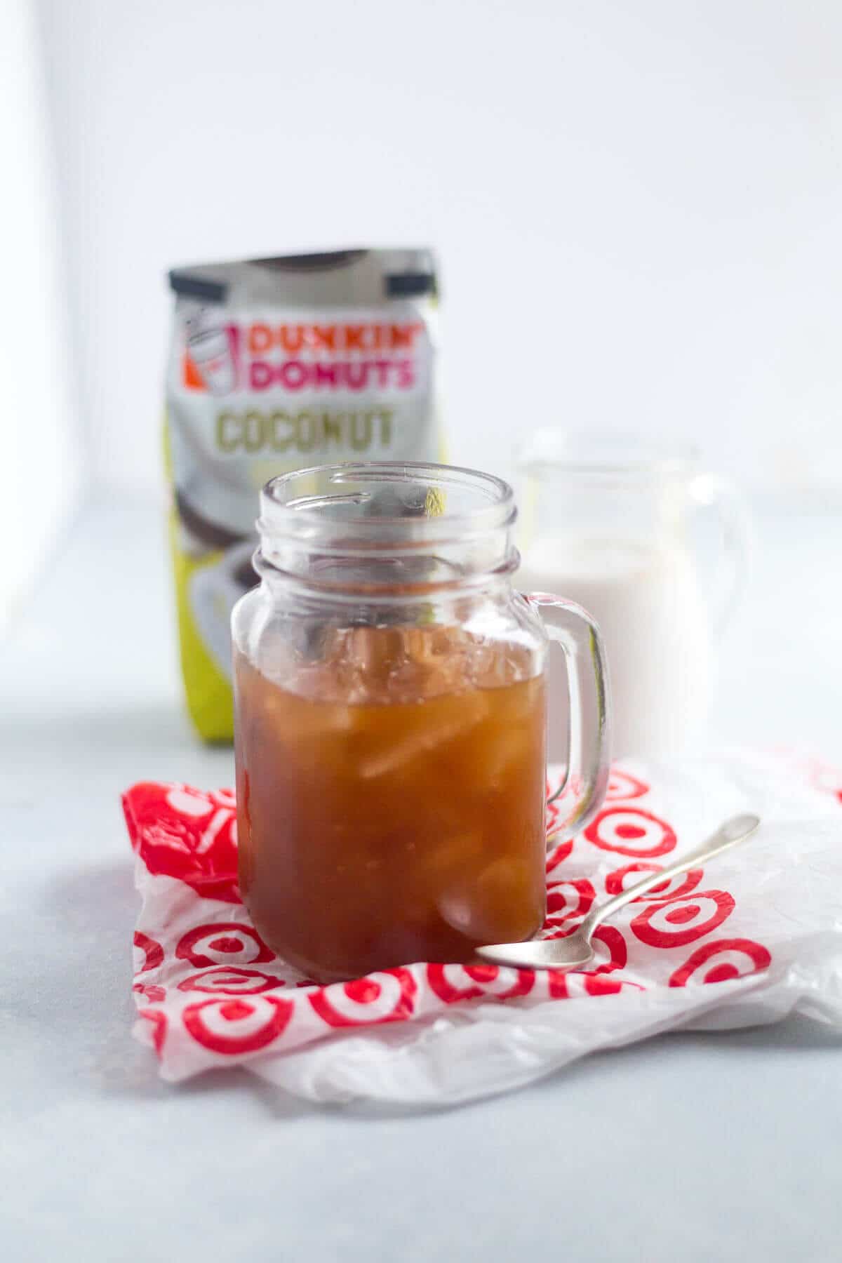 coconut iced coffee sitting on a Target shopping bag