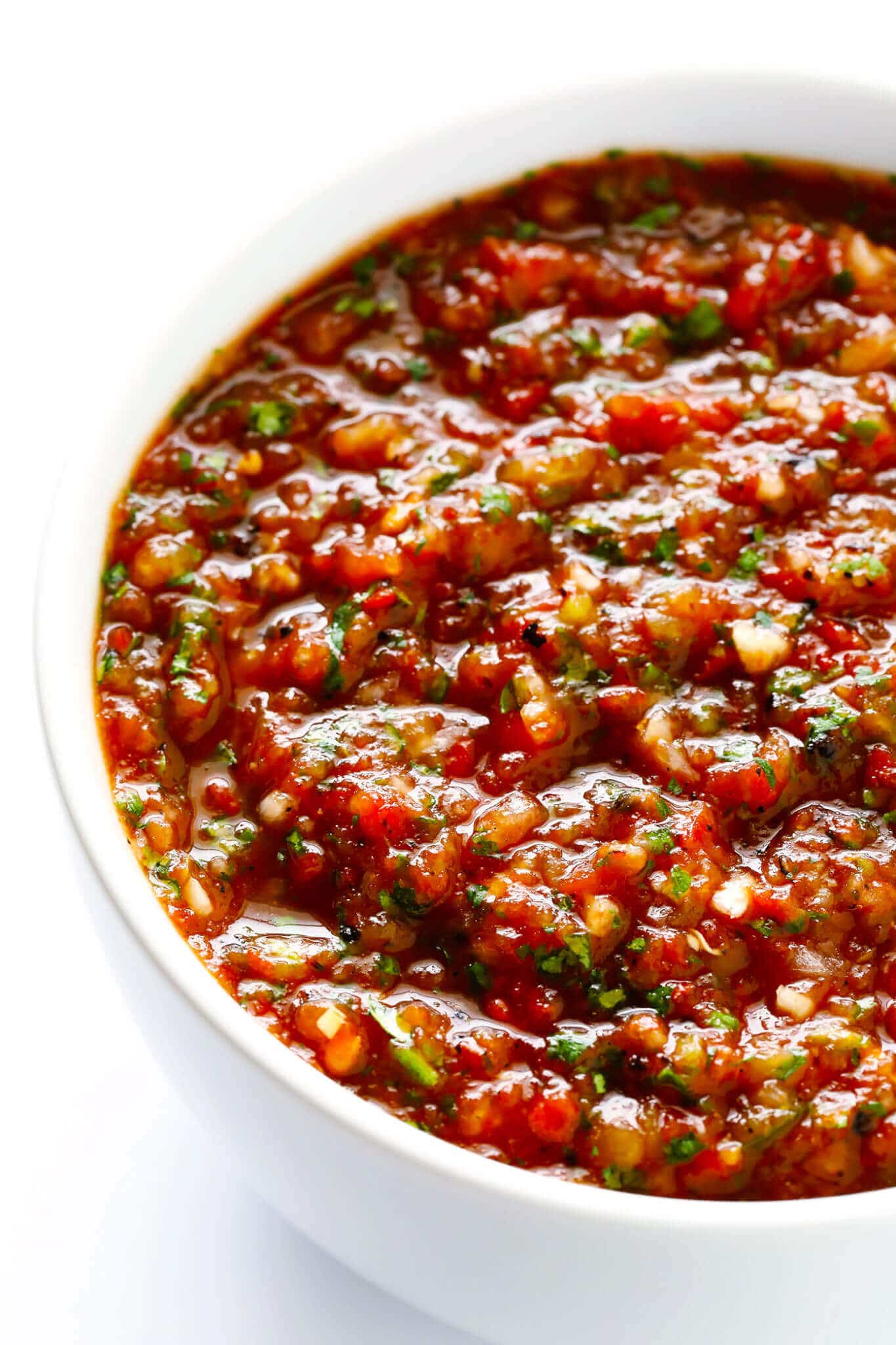 restaurant style salsa in a white bowl