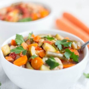 white bowl of low carb vegetable soup