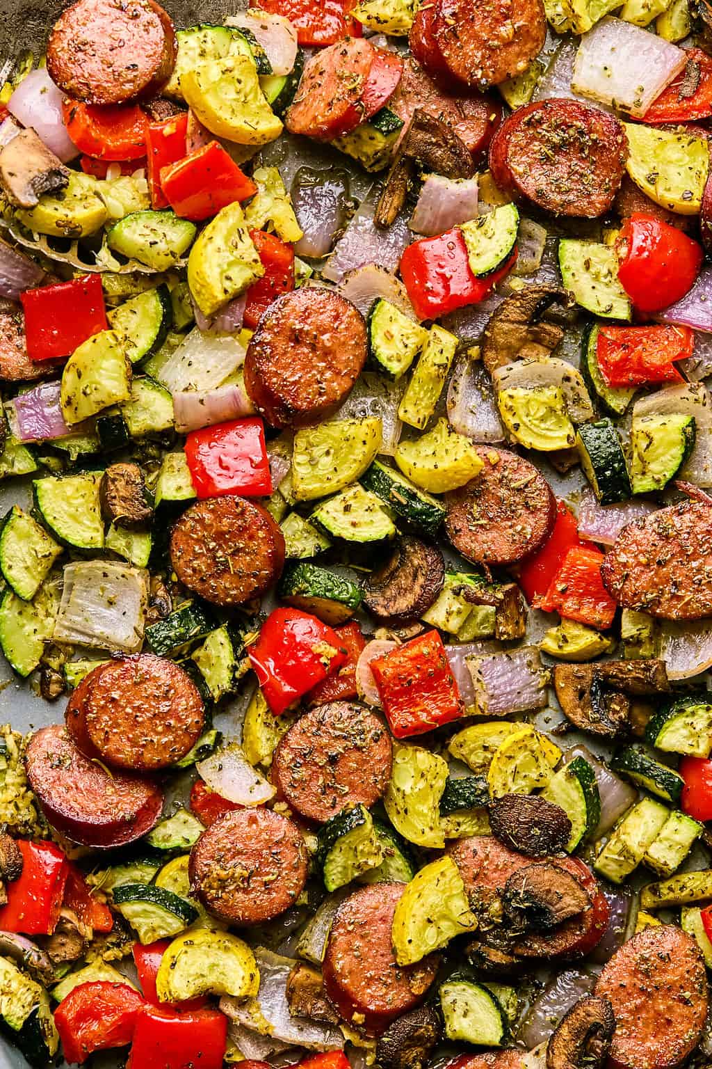 roasted sausage and veggies on a sheet pan.