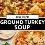 pot of low-carb turkey soup and then two bowls full of low-carb turkey soup