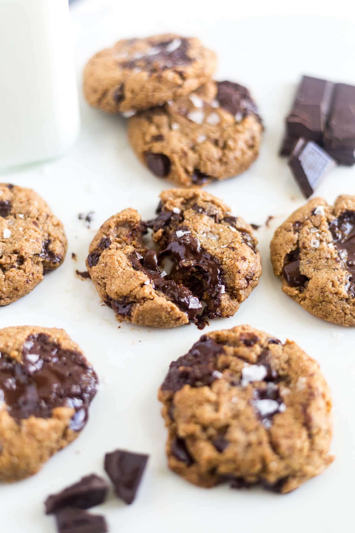 coconut flour chocolate chip cookies on a piece of parchment paper