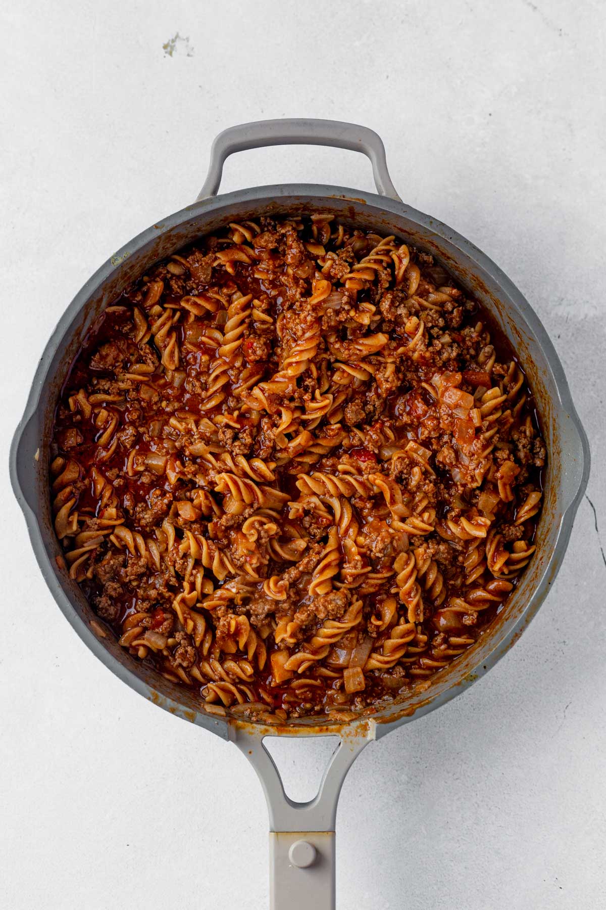 one pot taco pasta in a skillet