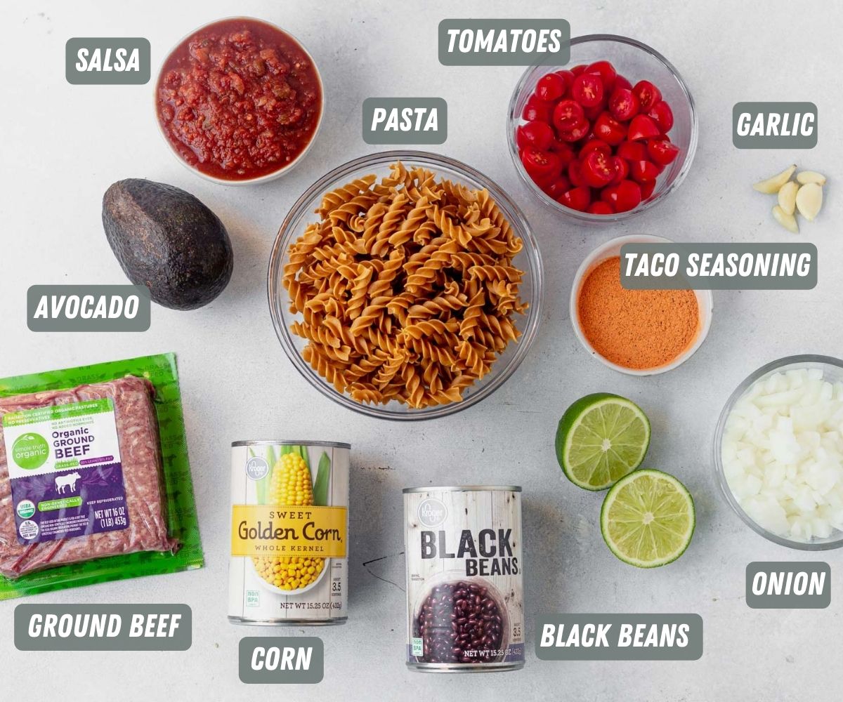 taco pasta ingredients measured on a table