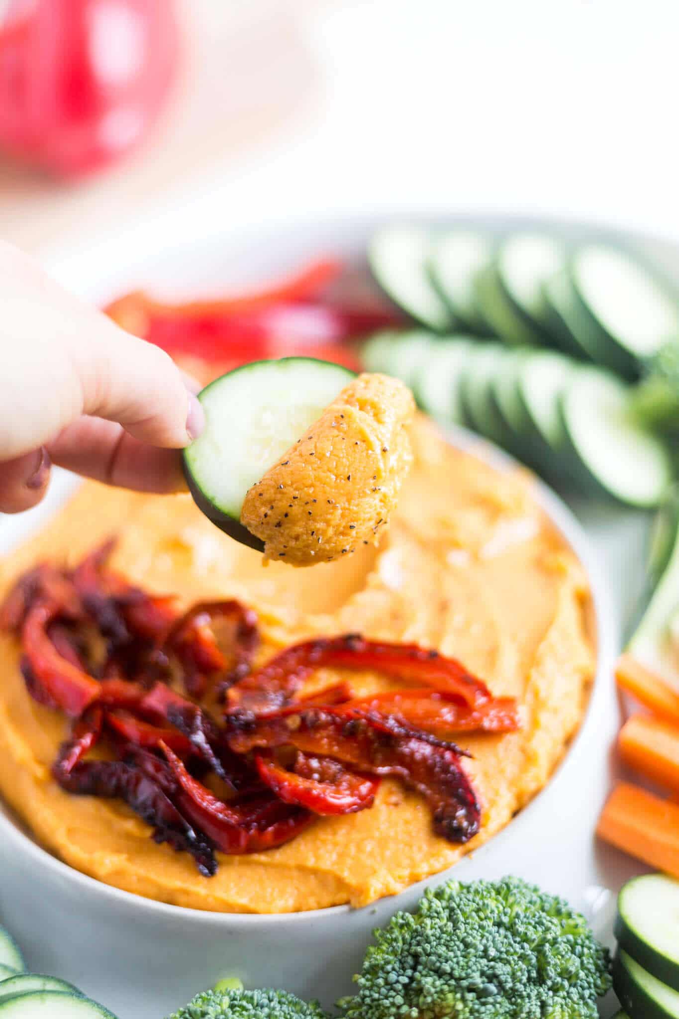 paleo sweet potato hummus on a fresh cucumber