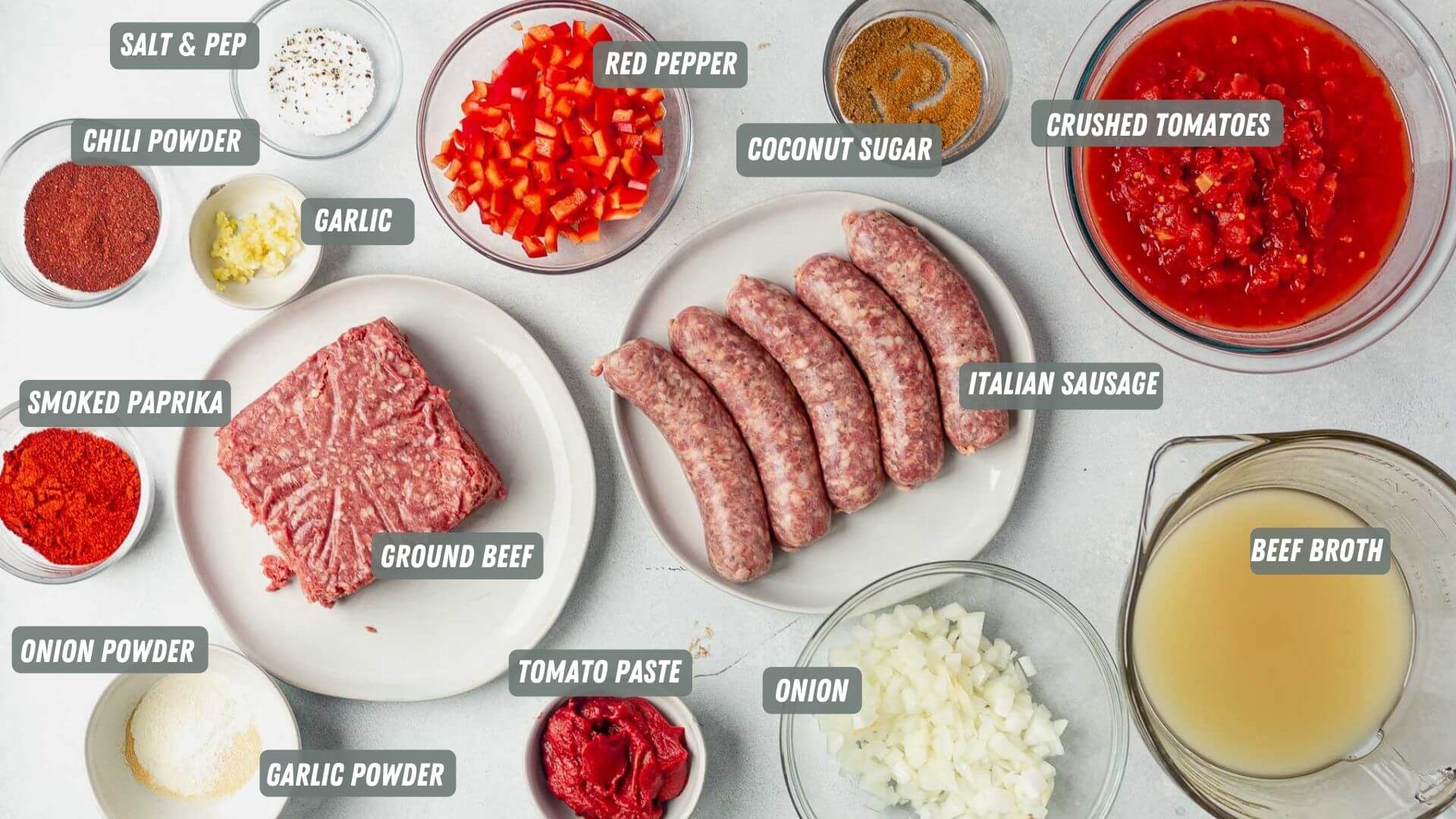 beanless chili ingredients measured out on a white table