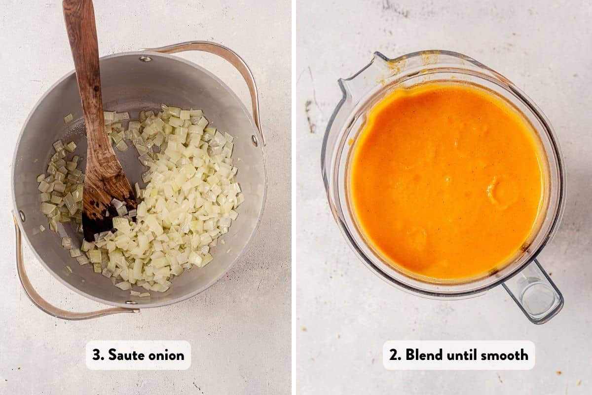 two photo collage of sauted onion and then creamy butternut squash soup in a blender