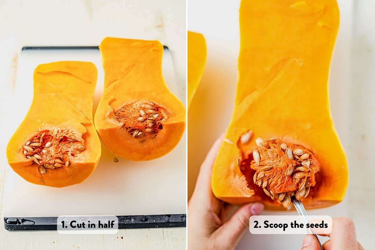 two images of cutting and scooping seeds out of butternut squash to roast whole