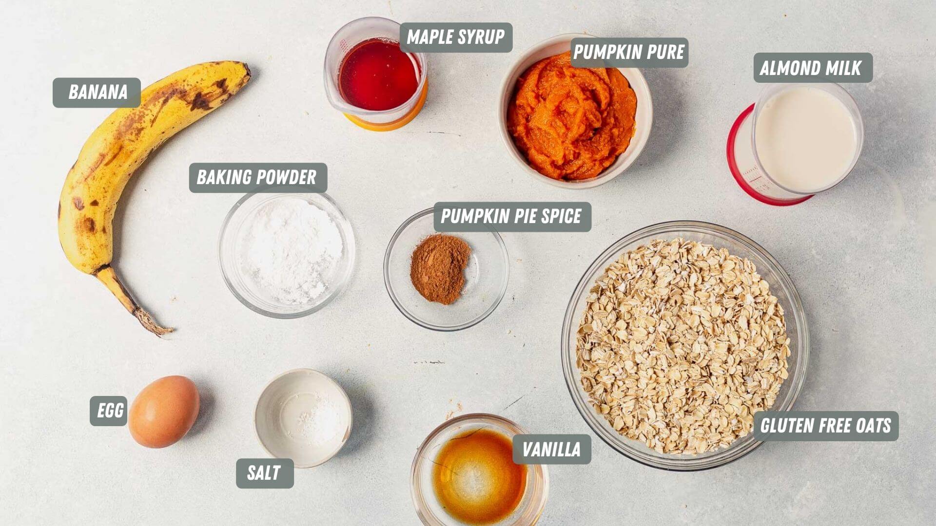 healthy pumpkin pancake ingredients measured out on a table