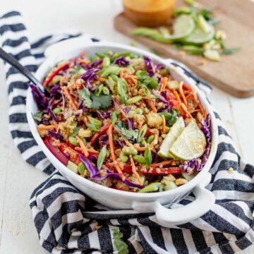 anti inflammatory diet quinoa salad in a white serving dish