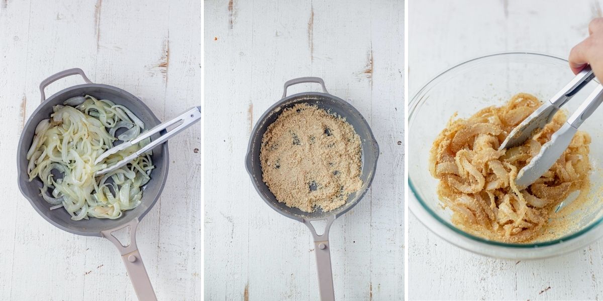 three image steps showing how to make gluten free french fried onions