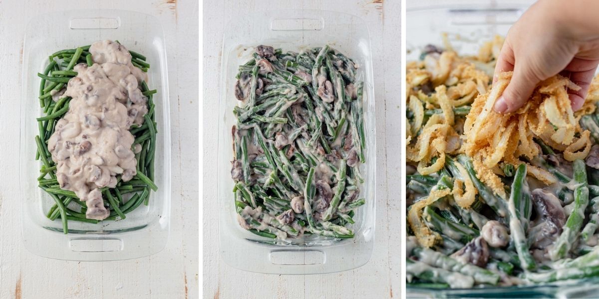 3 separate images showing how to mix green beans with dairy free mushroom sauce and top with crispy onions