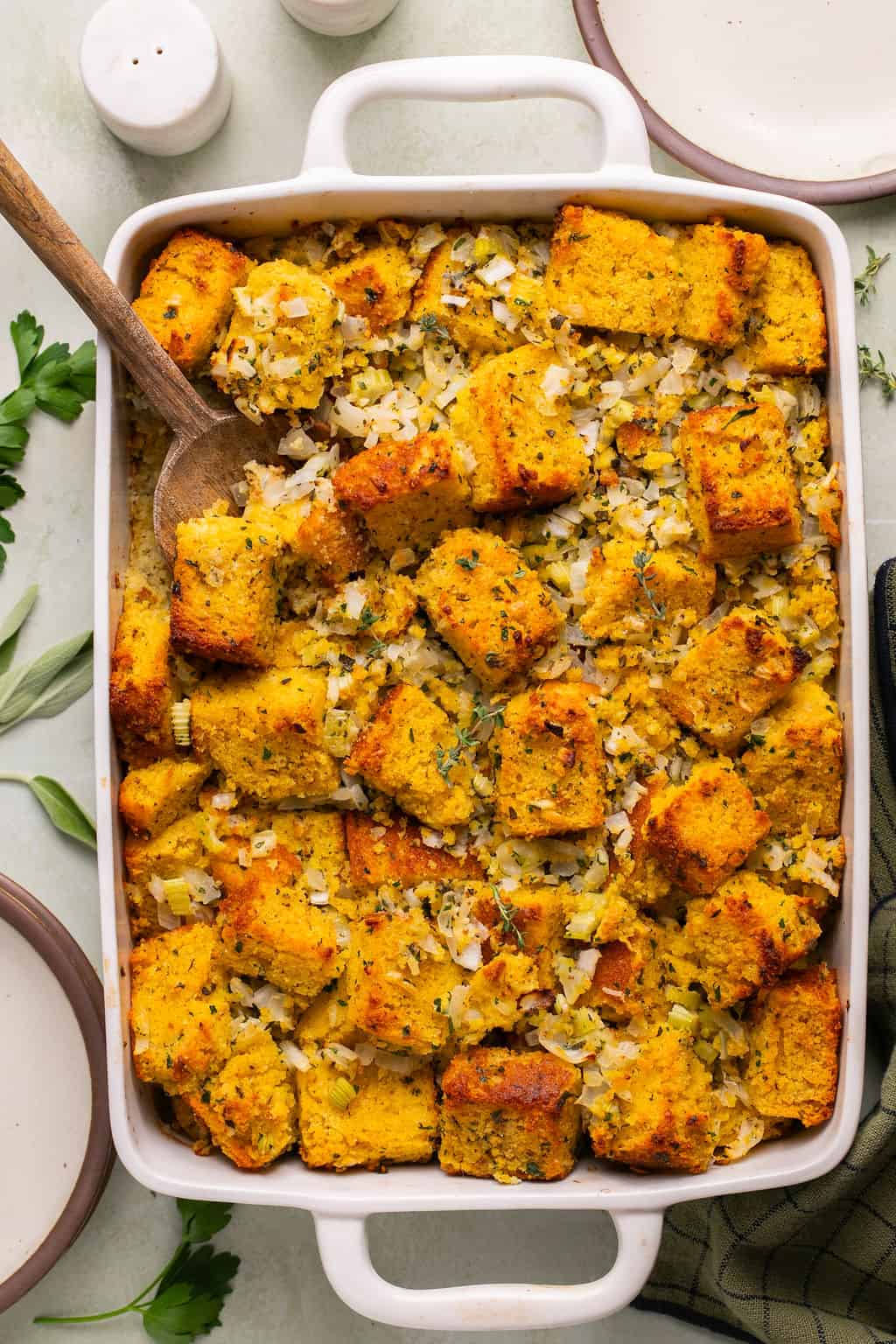 gluten free cornbread stuffing in a casserole dish.