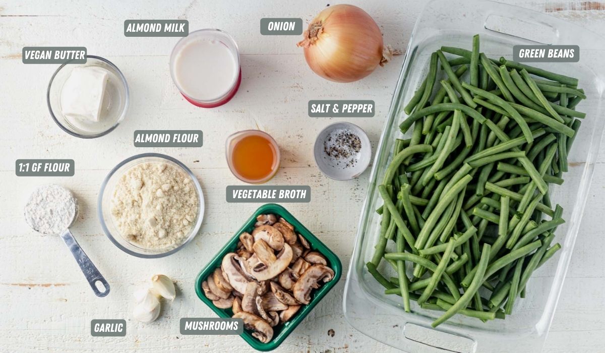 ingredients for dairy free gluten free green bean casserole on a white table
