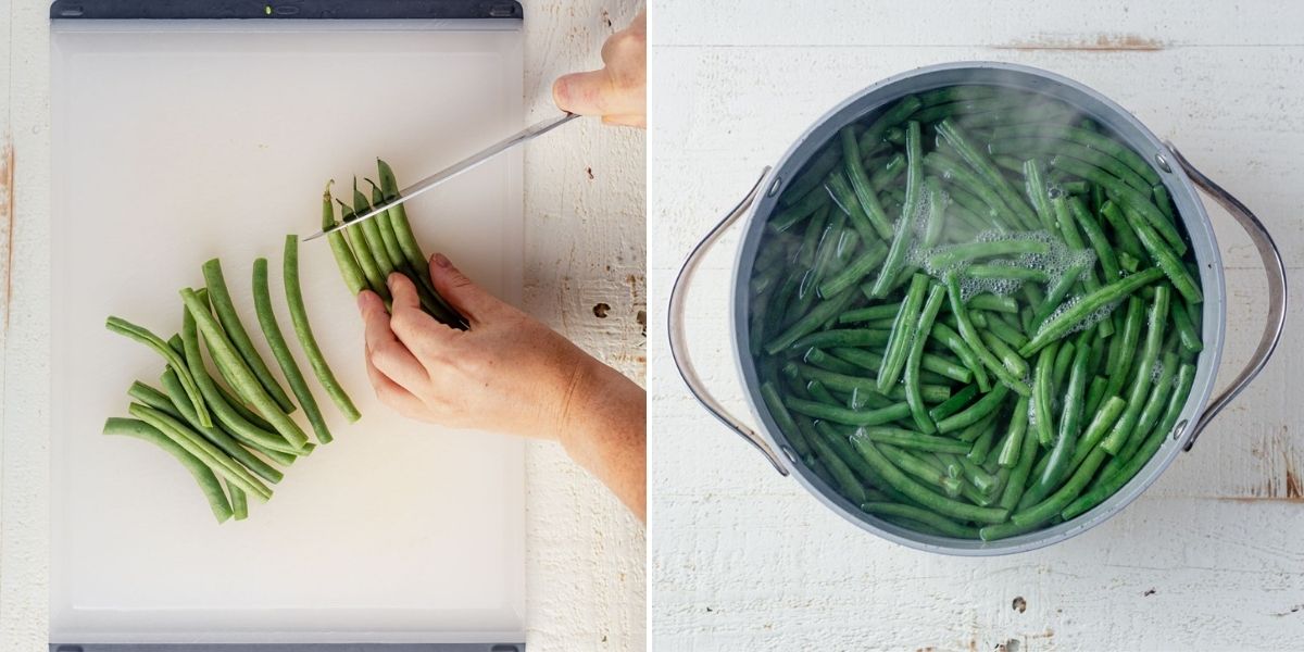 2 images showing how to trim green beans and boil them for green bean casserole