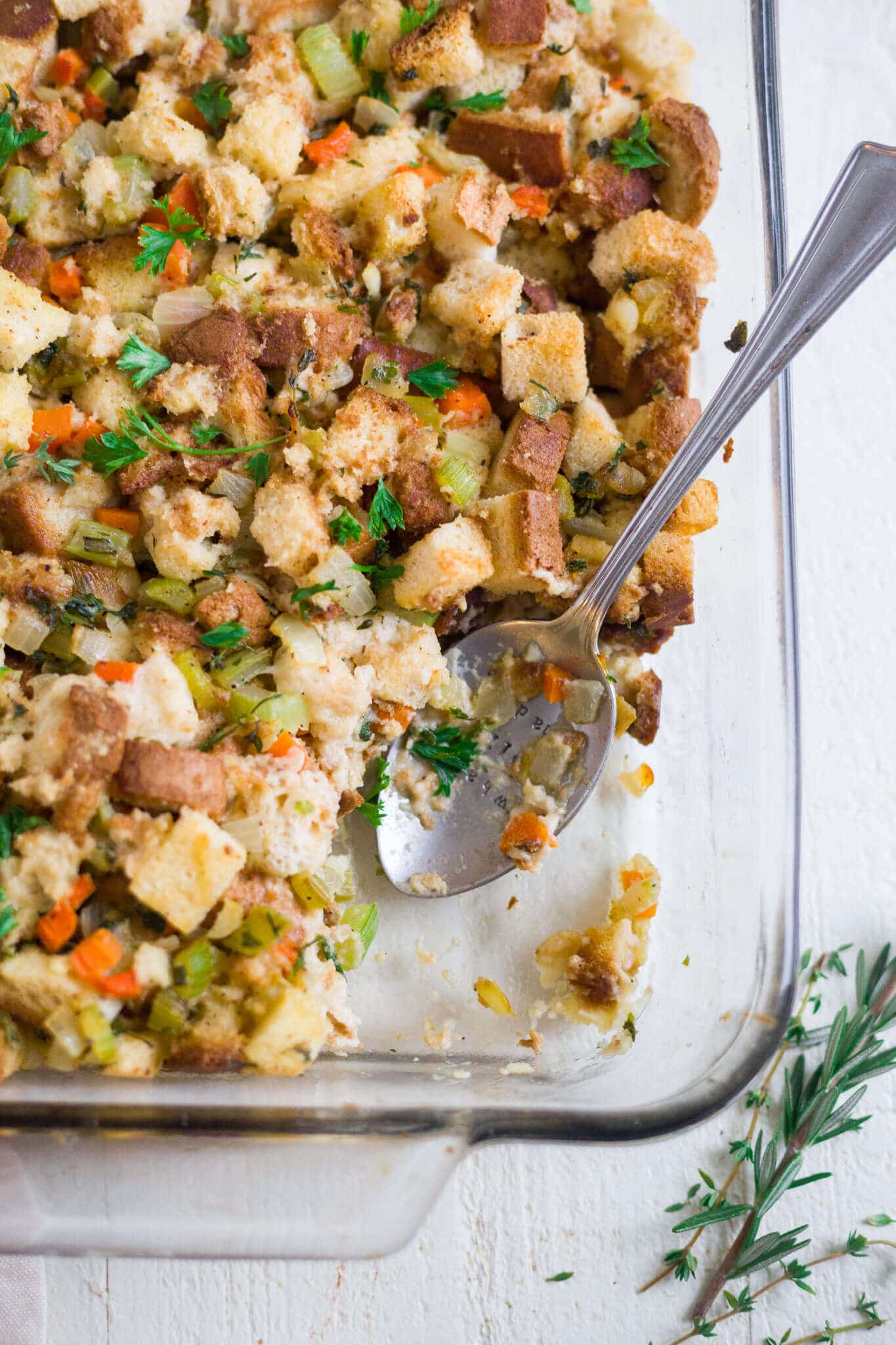 easy gluten free stuffing recipe with a spoon scooping some out to serve