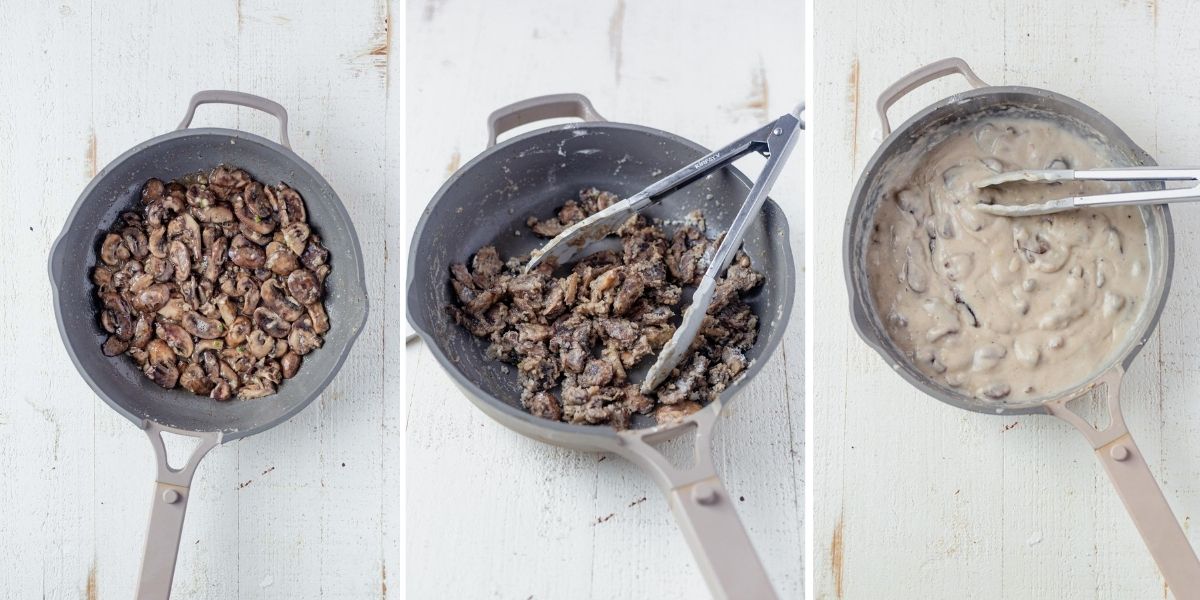 three image steps showing how to make dairy free creamy mushroom sauce for green bean casserole