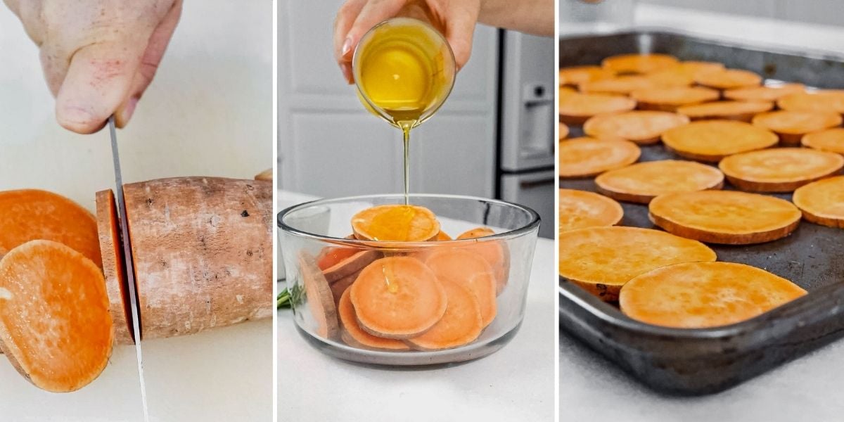 3 steps showing how to slice and roast sweet potato bites