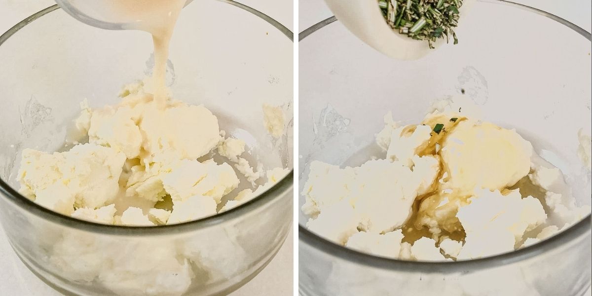 two image steps showing how to make whipped honey goat cheese