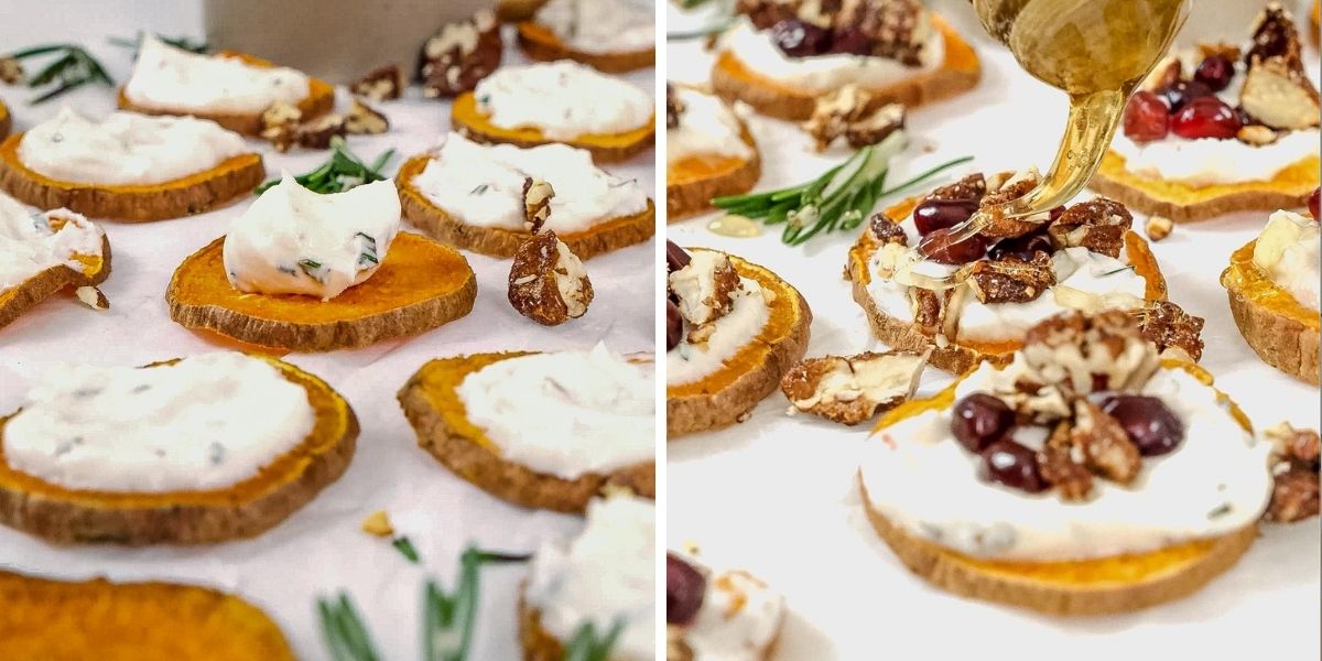 two steps showing how to top sweet potato bites with goat cheese and a drizzle of honey