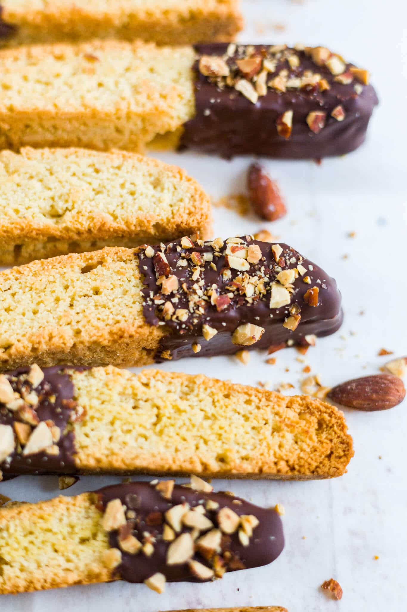 gluten free biscotti with the ends dunked in chocolate