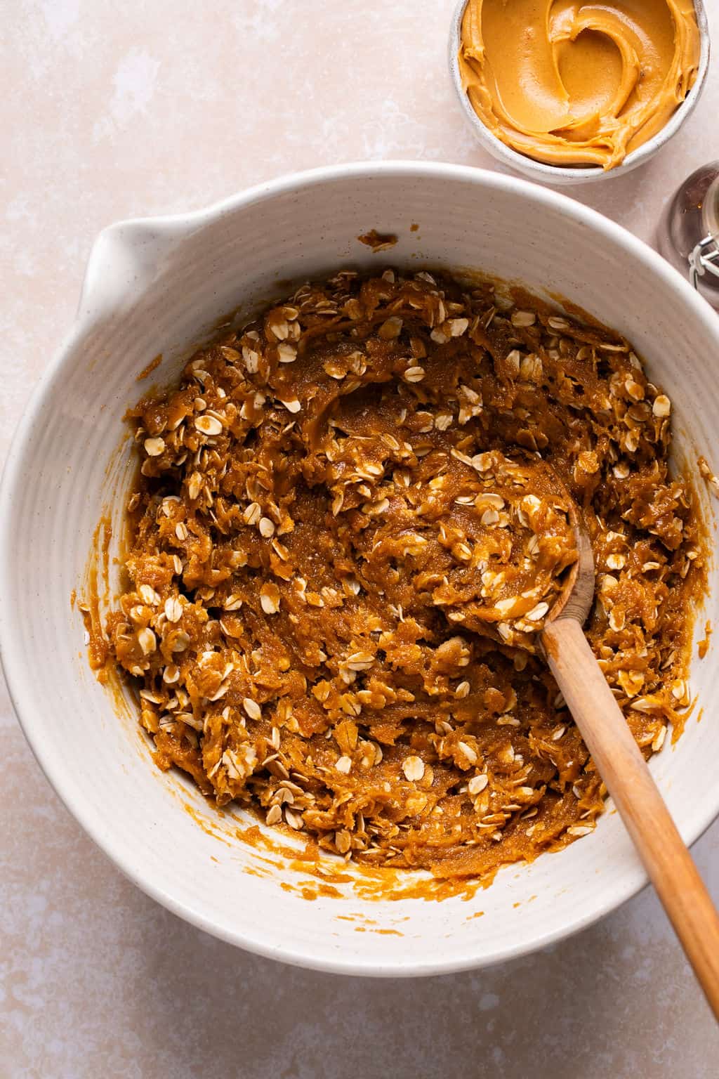 flourless oatmeal cookie dough in a mixing bowl.