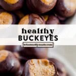 two images of a bowl of healthy buckeyes and then a bite missing from a buckeye candy